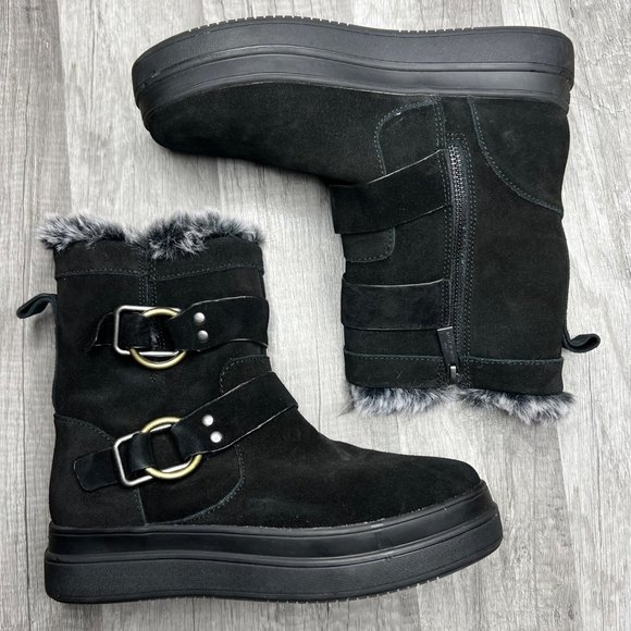 J Slides Shoes - J/Slides NELLY Black Suede Moto Boot Buckles Faux Fur Lined Size 7 1/2